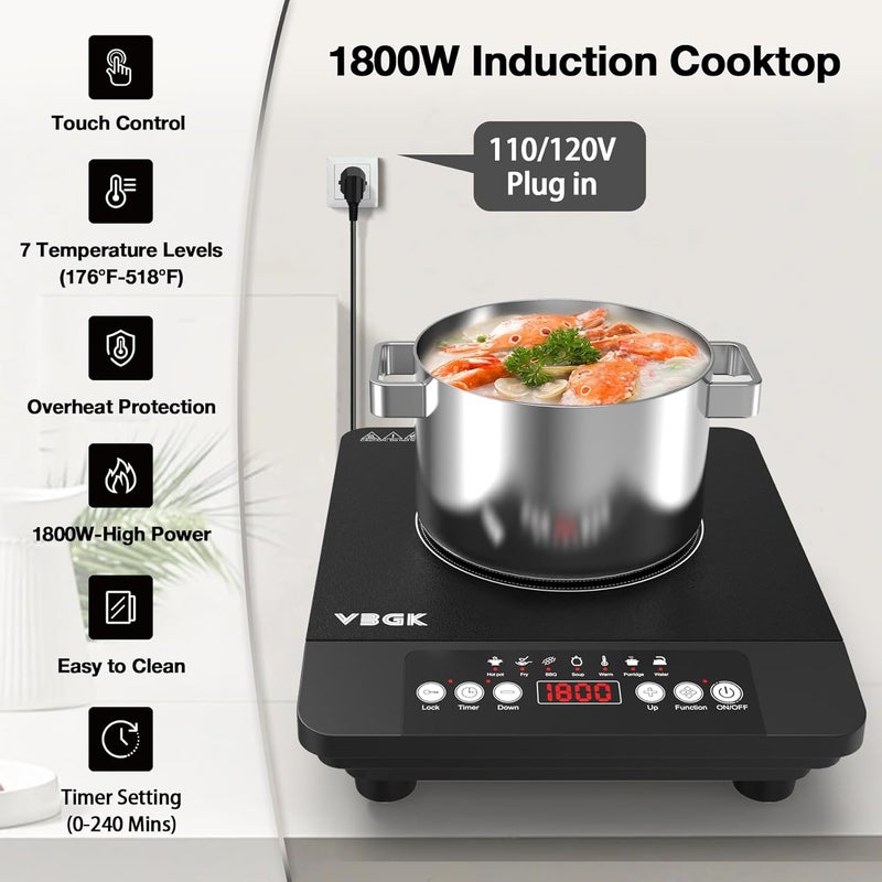 Bgk Portable induction Cooktop,110V Single Burner Induction Stove Top,1800W Induction Hot Plate Electric Burner,7 Power Levels, Kids Lock & Timer,LED touch control,Overheat Protection - Image 3